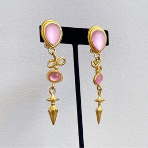 Brushed Gold Tone Pink Frosted Dangle Clip On Earrings Wedding Bridal
